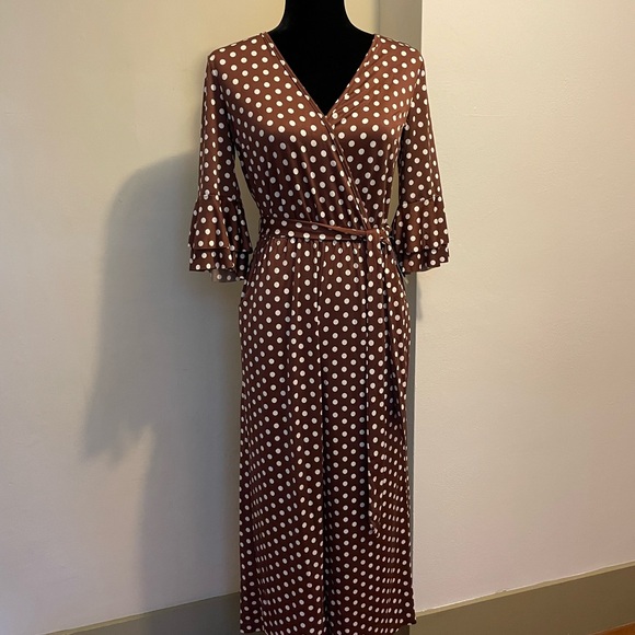 VENUS Pants - VENUS Chocolate Polka Dot Wrap Jumpsuit